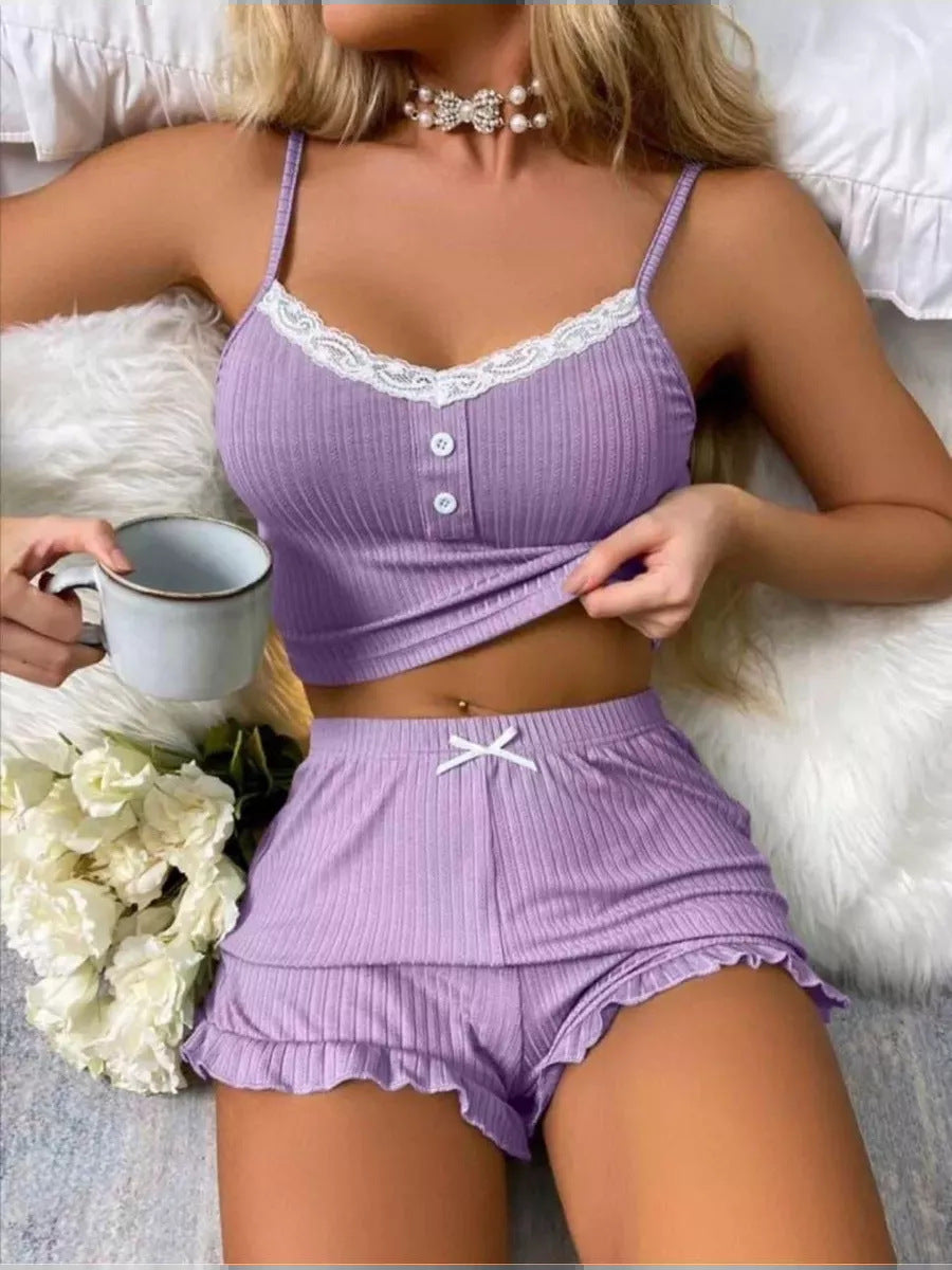 Lace Trim Ribbed PJ Set